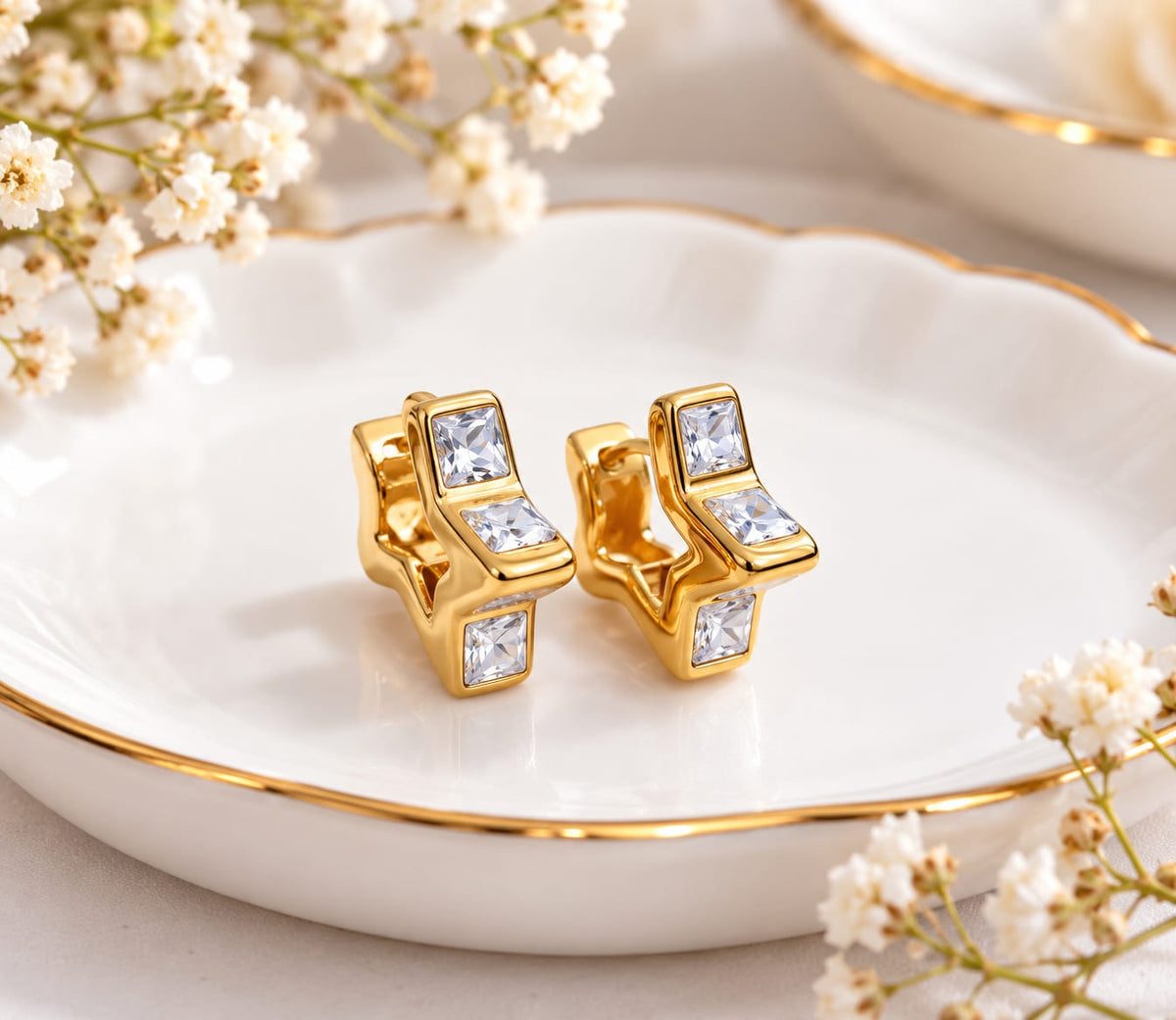 Gold Plated Zircon Star Geometric Hoop Earrings