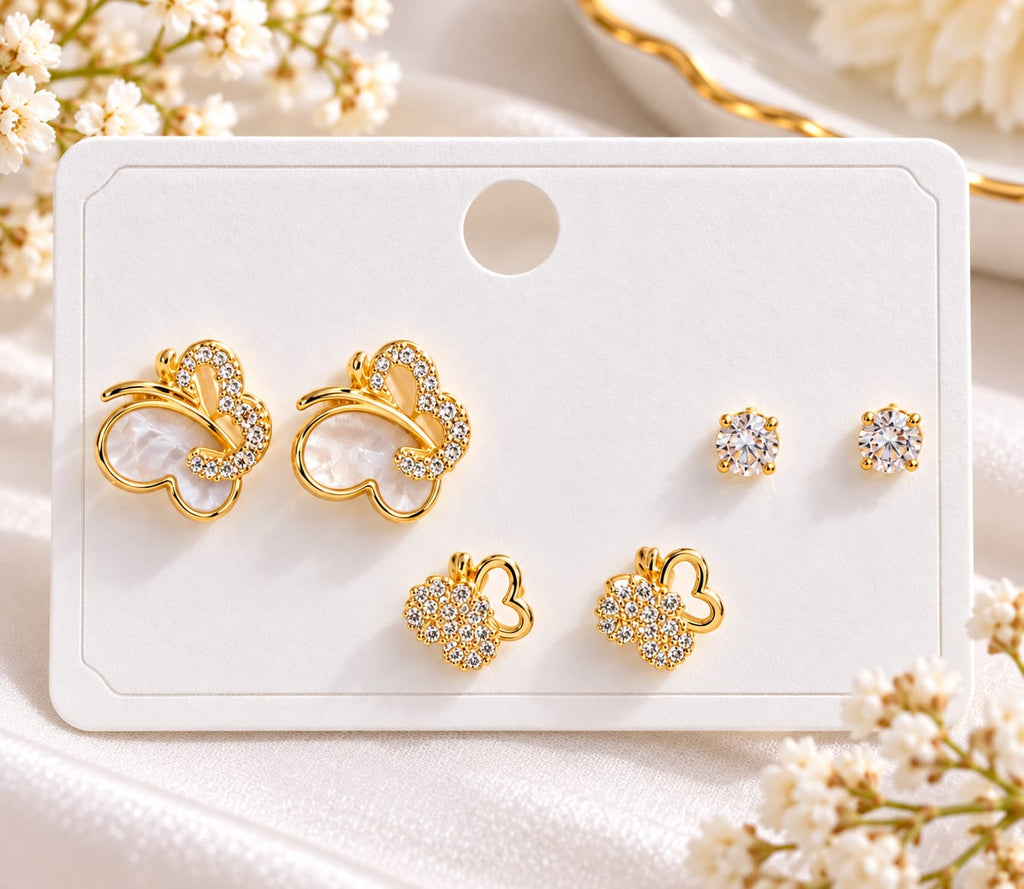 Gold-Plated 3-Pair Stud Earrings Butterfly Combo Set