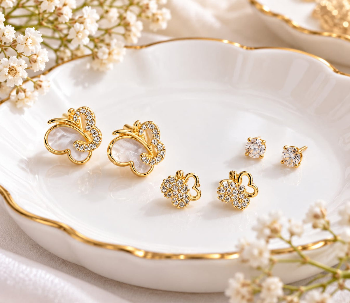 Gold-Plated 3-Pair Stud Earrings Butterfly Combo Set