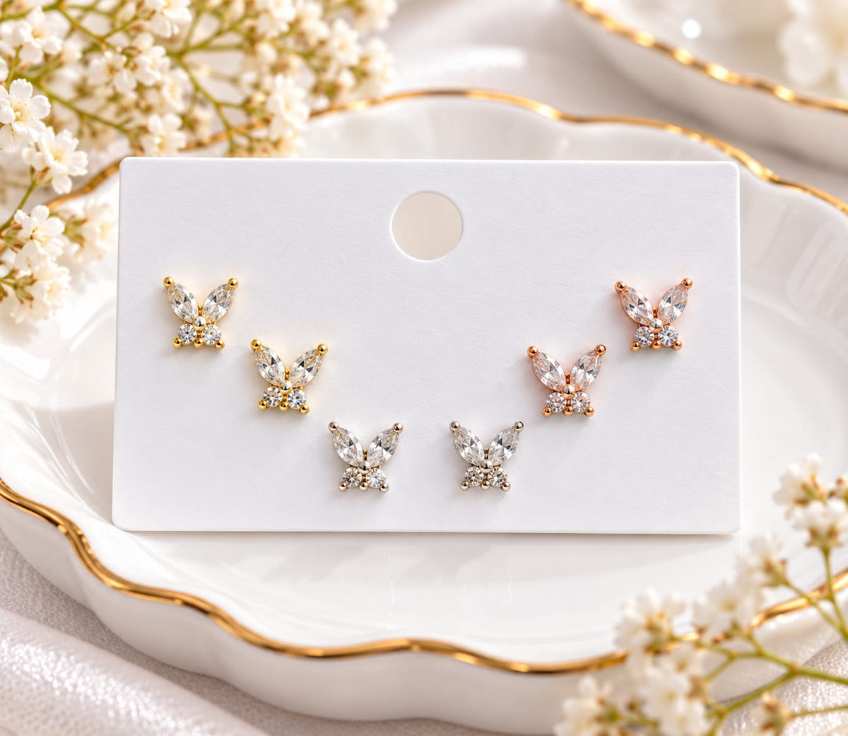 Gold-Plated Marquise Crystal Butterfly 3 Pair Stud Earrings Set