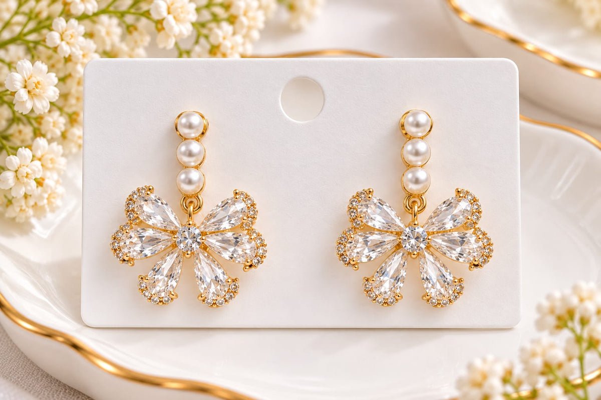 Gold-Plated Crystal Bow & Pearl Drop Statement Earrings