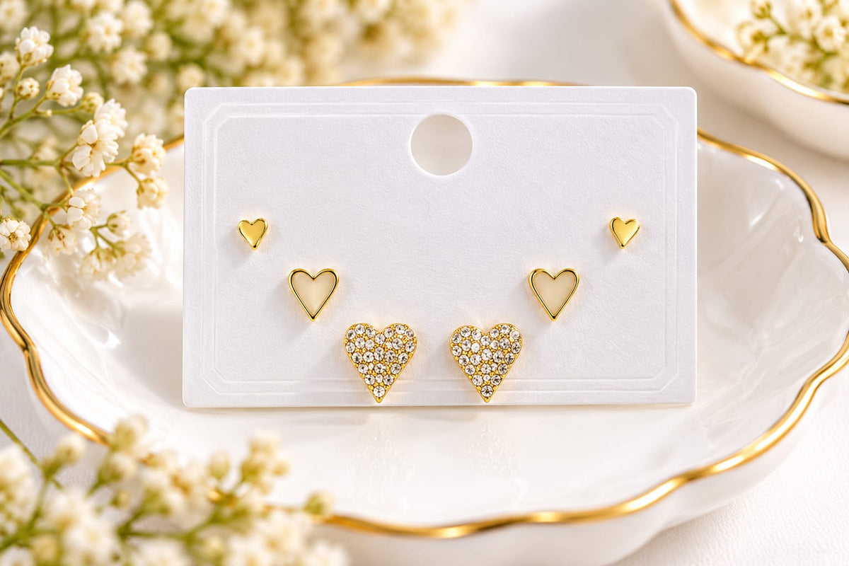 Gold-Plated 3-Pair Combo Heart Stud Earrings