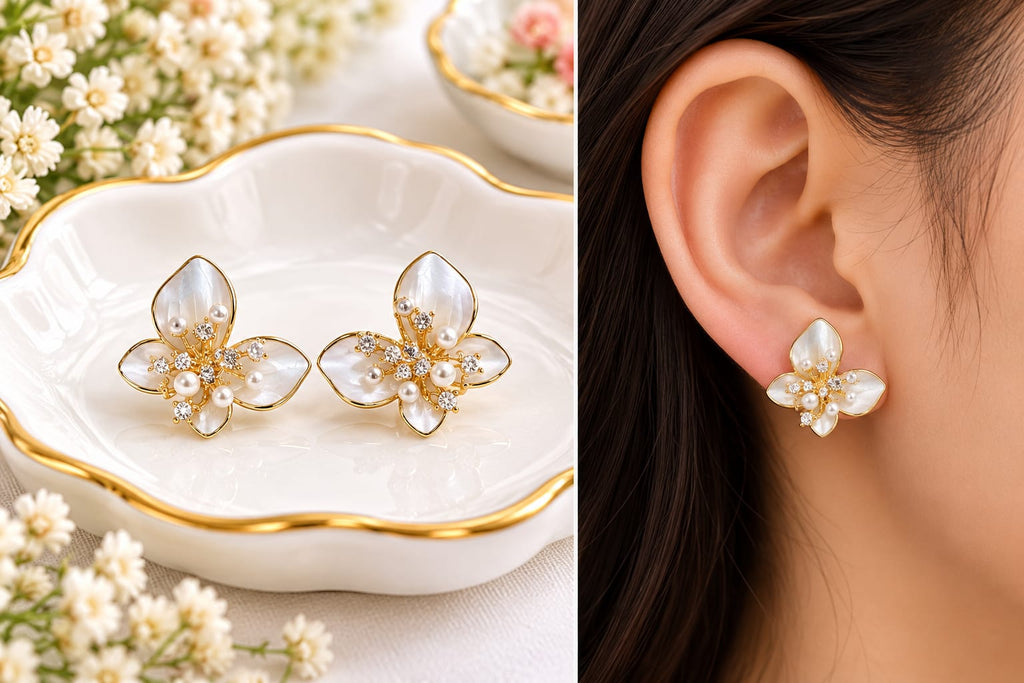 Gold-Plated Pearl Butterfly Cluster Stud Earrings