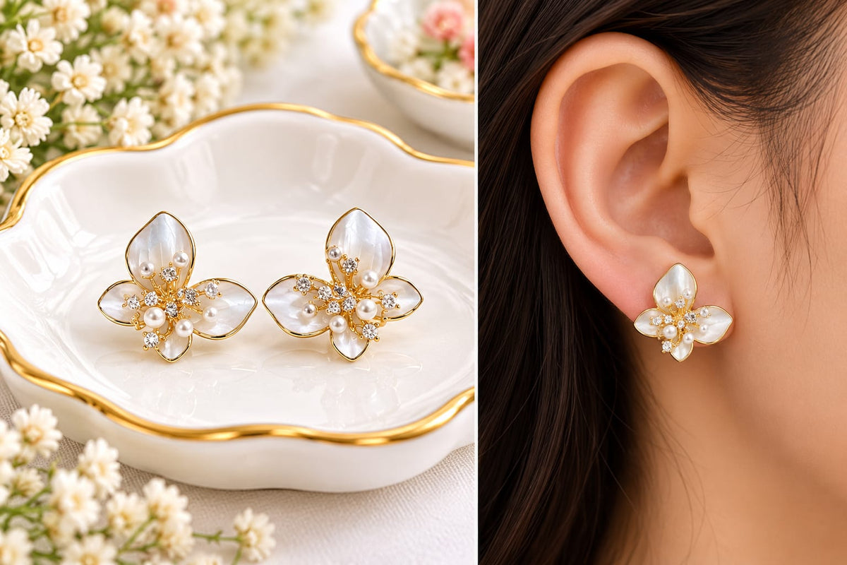 Gold-Plated Pearl Butterfly Cluster Stud Earrings