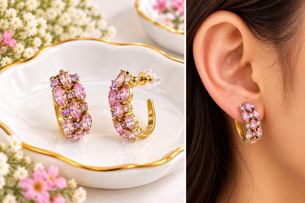Pink Crystal Cluster Huggie Hoop Earrings