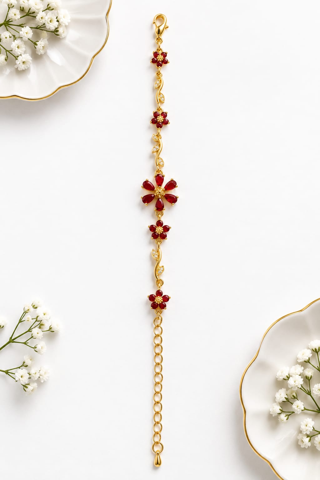 Anti-tarnish Ruby Blossom Floral Bracelet