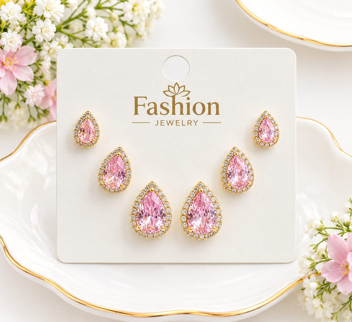 Teardrop Halo Stud Earring Combo Set
