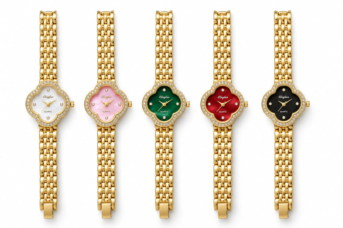 Crystal-Studded Clover Dial Watch for Women