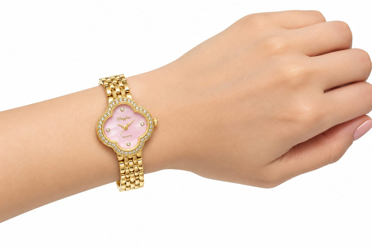 Crystal-Studded Clover Dial Watch for Women