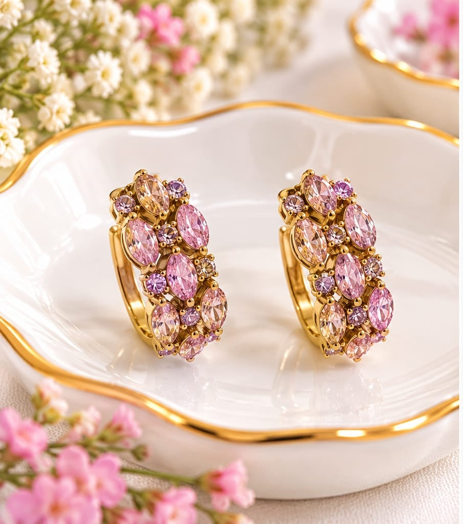 Pink Crystal Cluster Huggie Hoop Earrings
