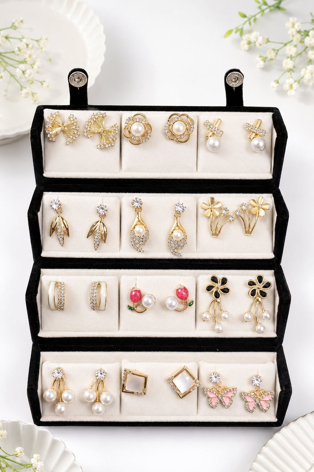 Korean Stud Earrings 12 Pair Gift Set - Gold
