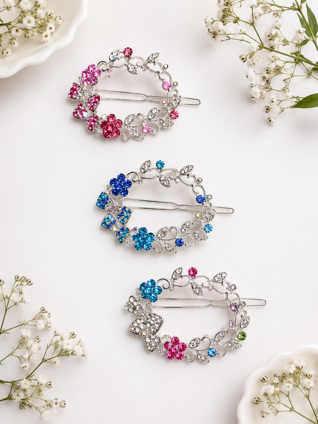 Crystal Butterfly Floral Wreath Hair Side Pins