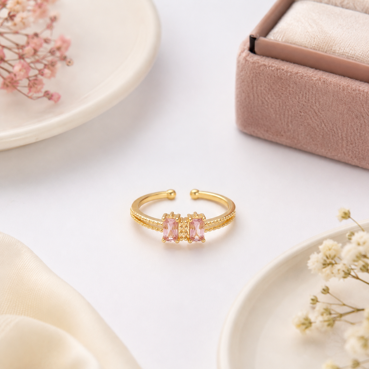 Anti-tarnish Gold Plated Pink Emerald Cut Cubic Zirconia Studded Adjustable Ring