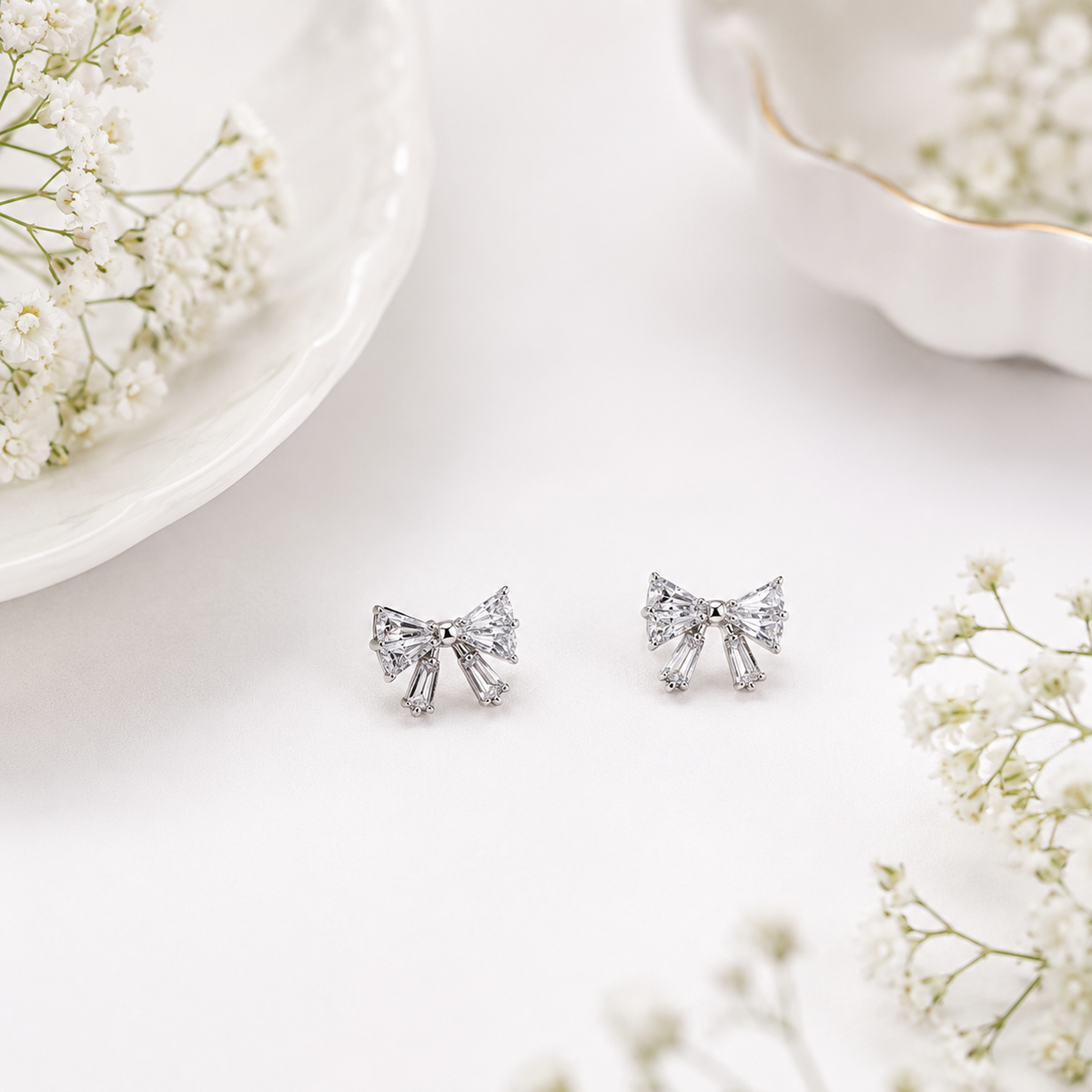 Cubic Zirconia Bow Ribbon Ball Back Stud - Silver