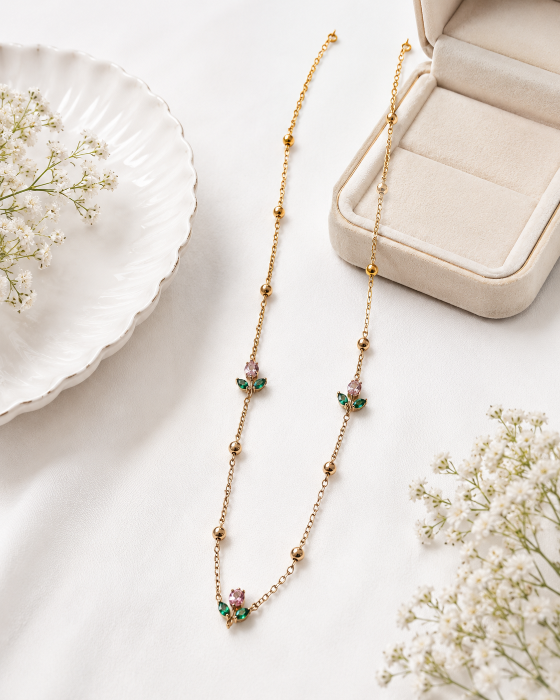 Anti-Tarnish Gold Plated Tulip Chain Necklace - Pink Green