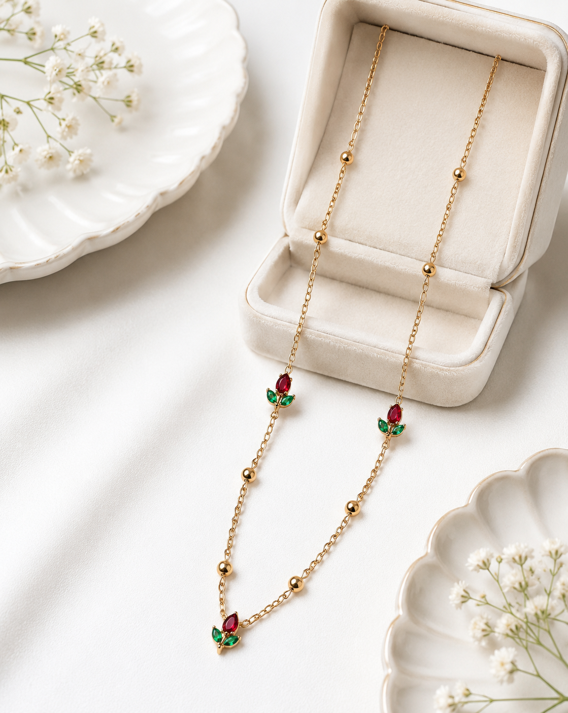 Anti-Tarnish Gold Plated Tulip Chain Necklace - Red Green