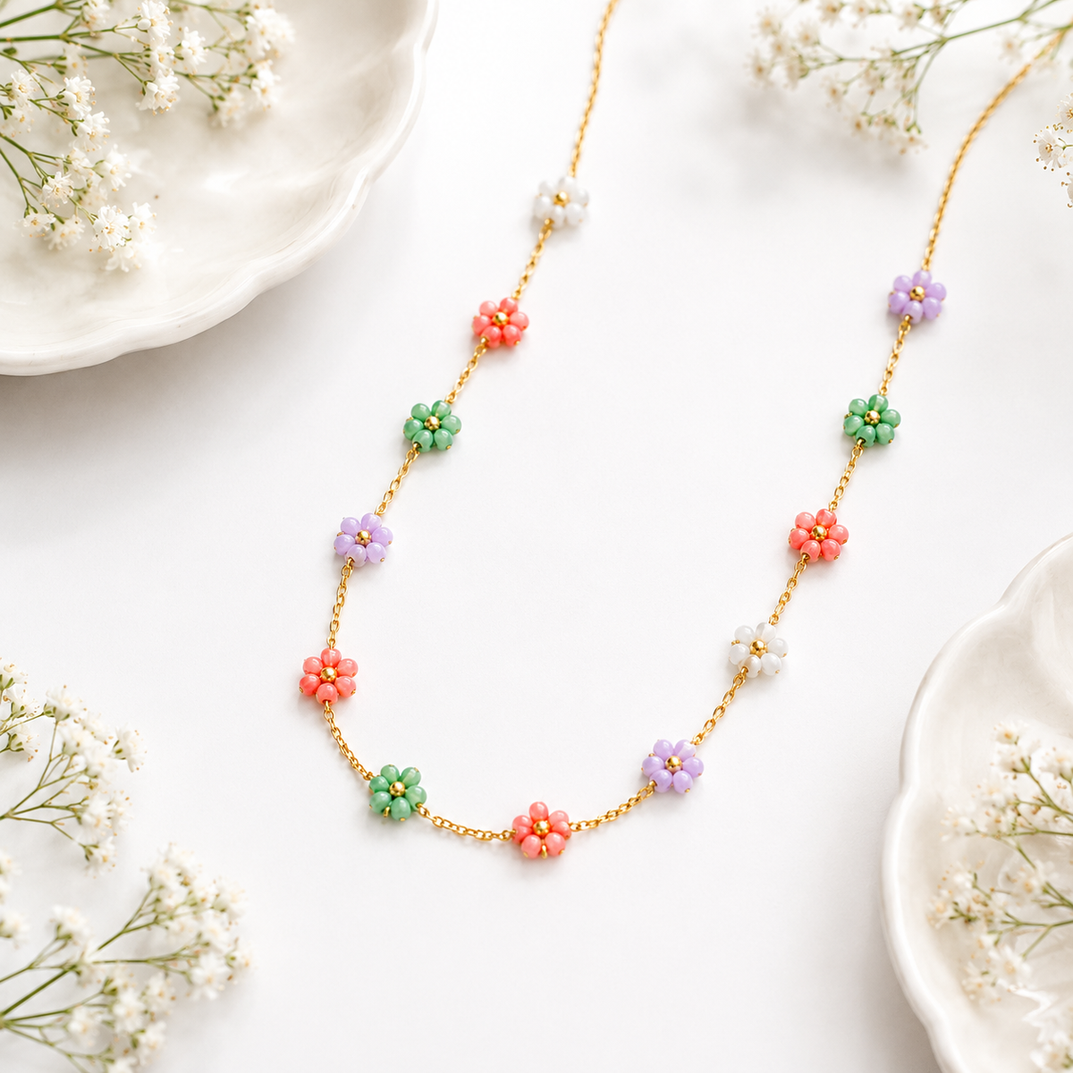 Anti Tarnish Multicolor Beaded Flower Chain Necklace
