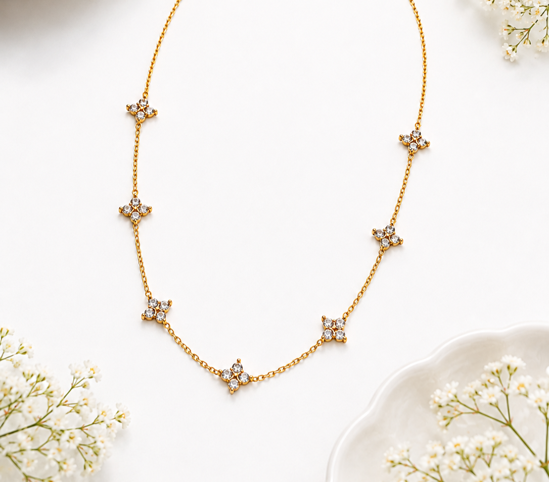 Anti Tarnish Pave Floral Necklace