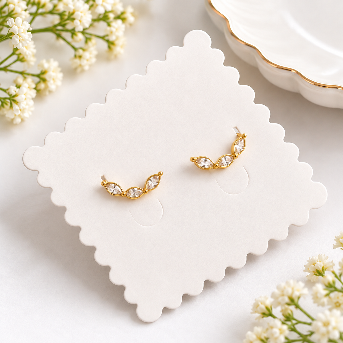 Gold-Plated Anti-Tarnish Three-stone Curved Leaf Ball Back Earrings