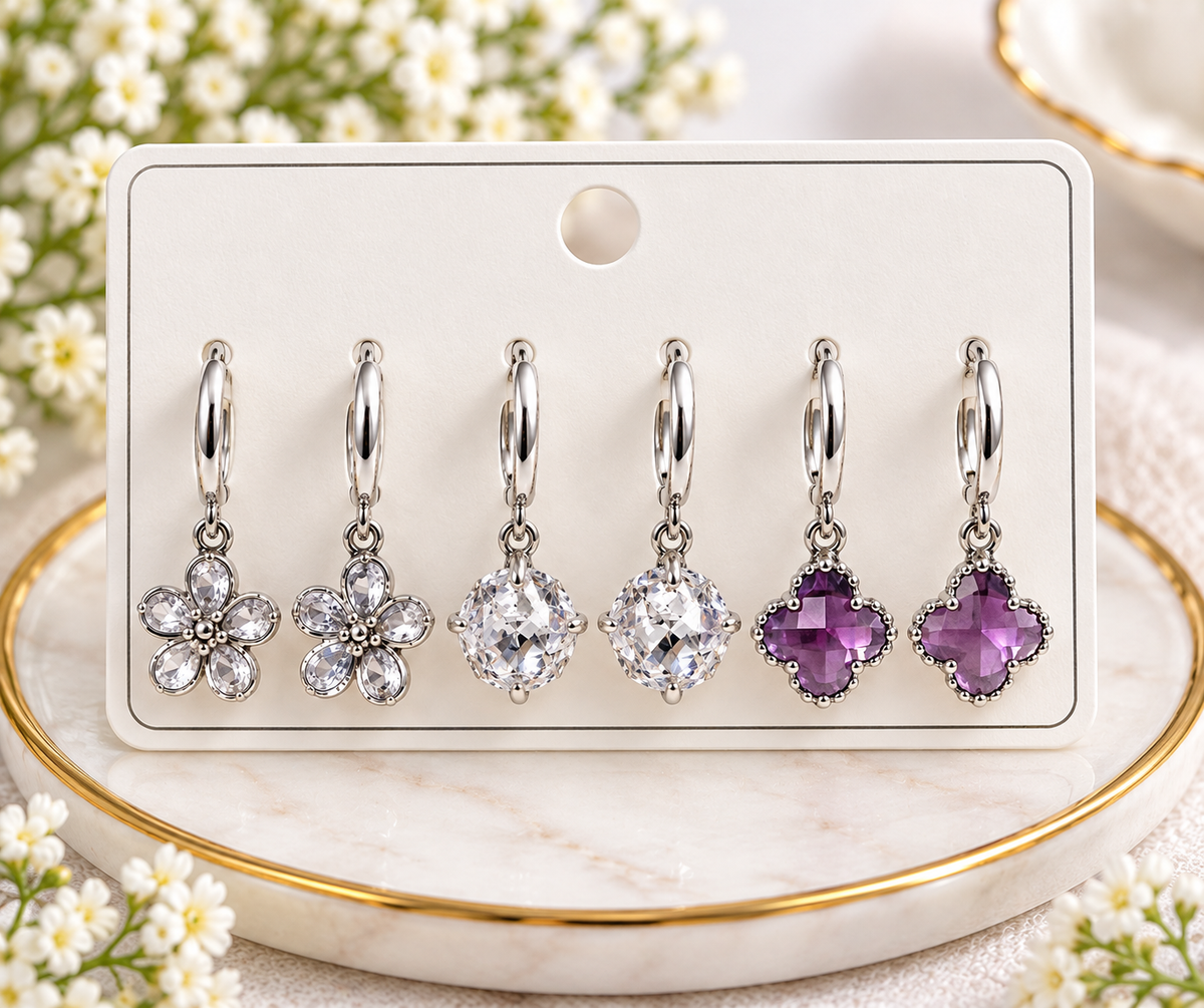 Silver Cubic Zirconia and Crystal Charm Hoop Earring Set