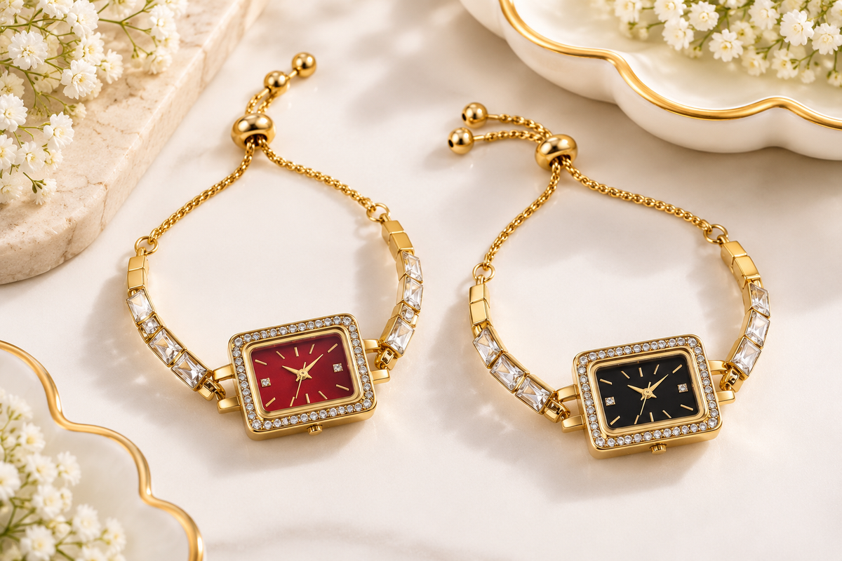Elegant Square Dial Anti-Tarnish Gold Plated Stone-Studded Bracelet Watch
