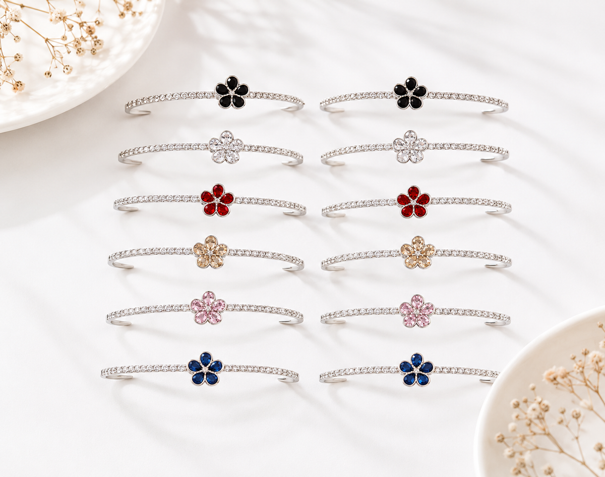 Zircon Flower Open Bracelet - Silver
