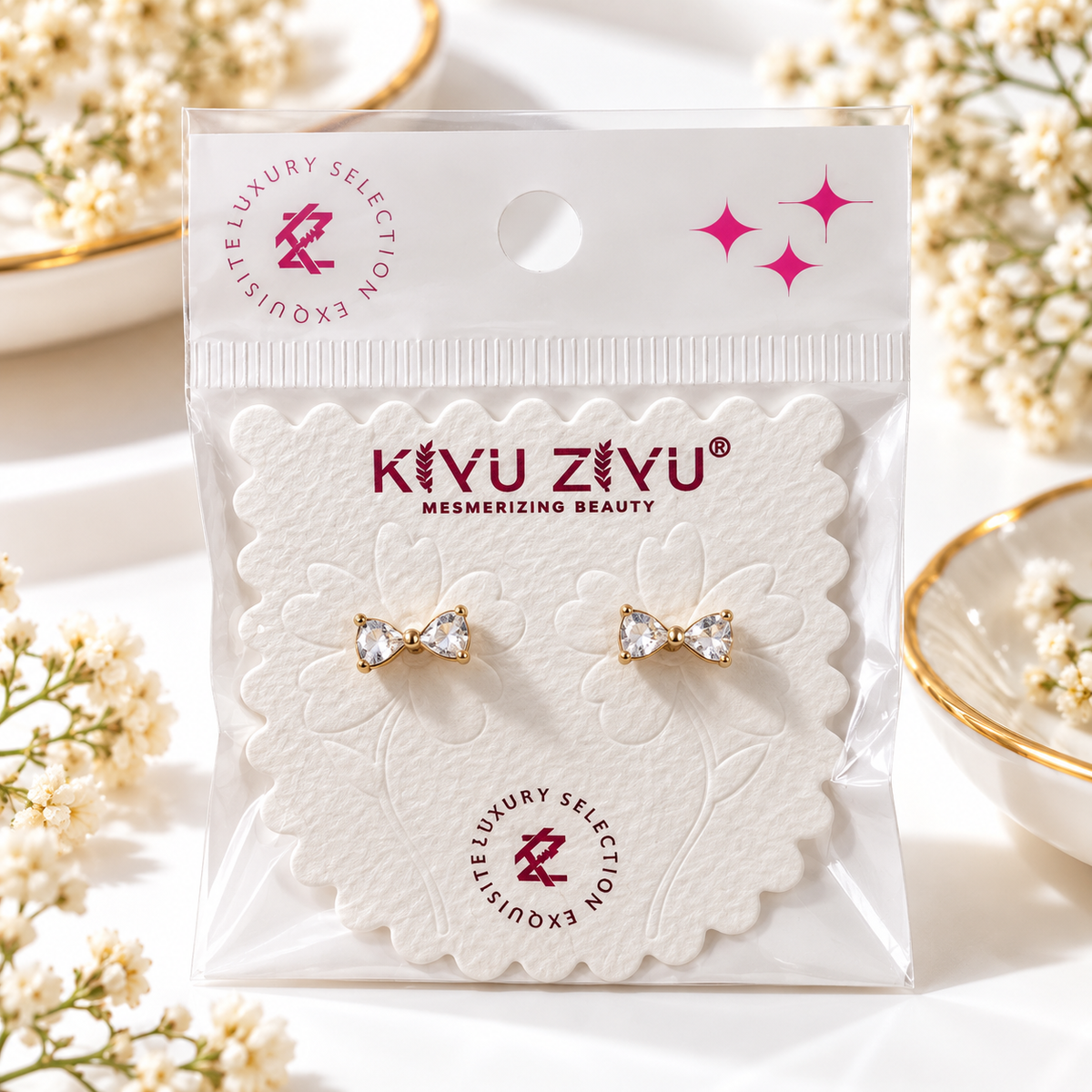 Gold-Plated Anti-Tarnish Cubic Zirconia Bow Ball Back Earrings