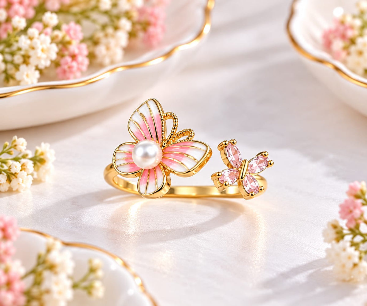 Pink Enamel and Crystal Dual Butterfly Open Cuff Pearl Ring with Gold Plating
