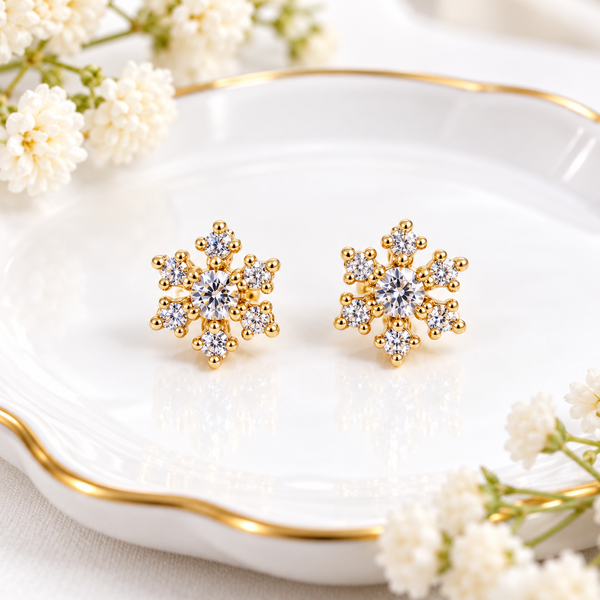 Gold-Plated Snowflake Cubic Zirconia Ball Back Stud