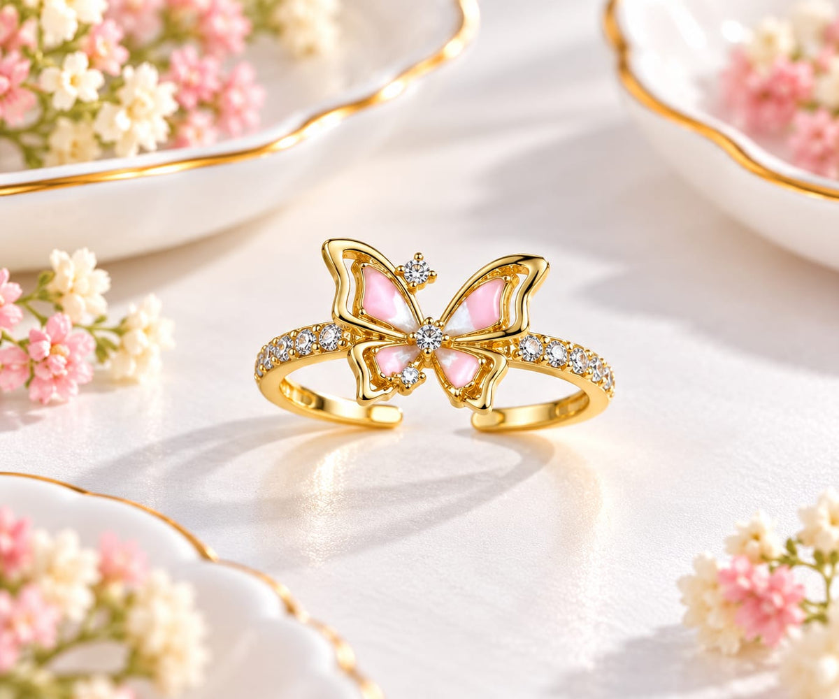 Pink Enamel Butterfly Open Ring with Cubic Zirconia Accent Stones and Gold Plating