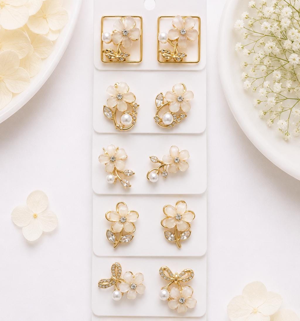 Korean Style Pearl and Floral Crystal Earrings