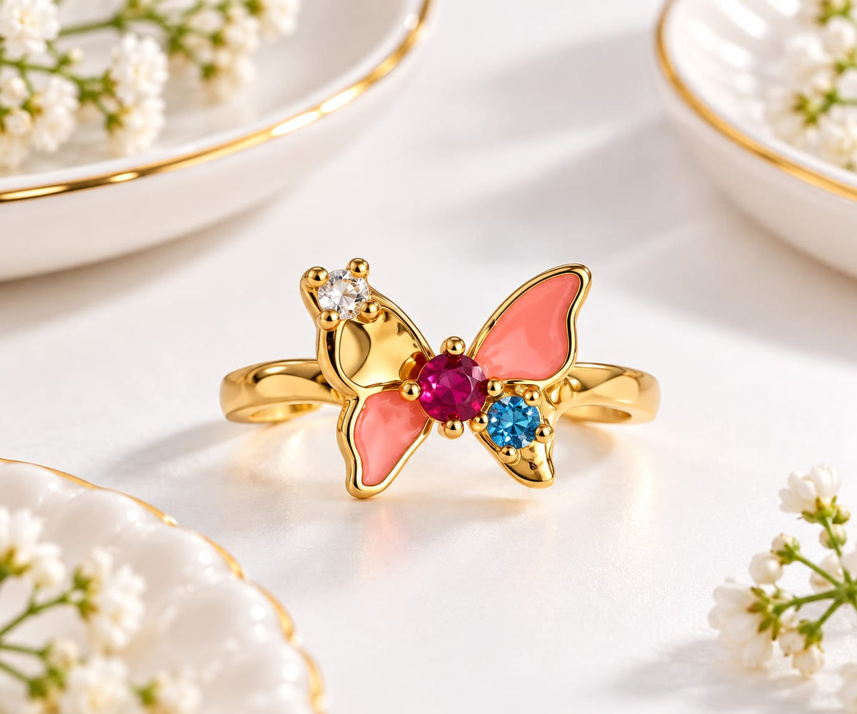 Colorful Enamel and Multi-Gemstone Butterfly Ring
