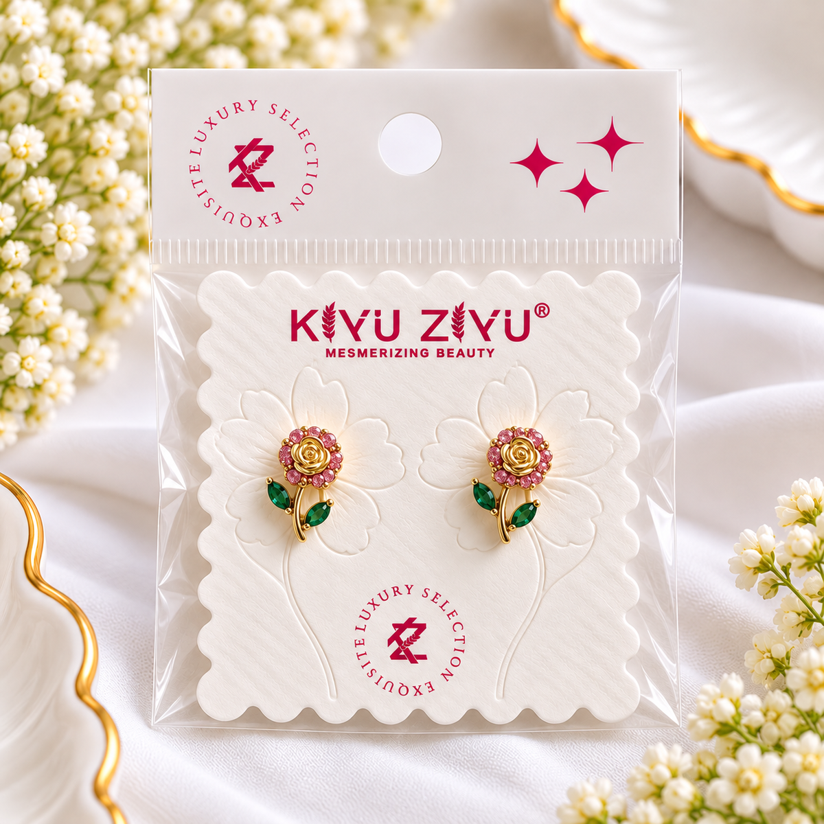 Gold-Plated Rose Crystal Stud Earrings