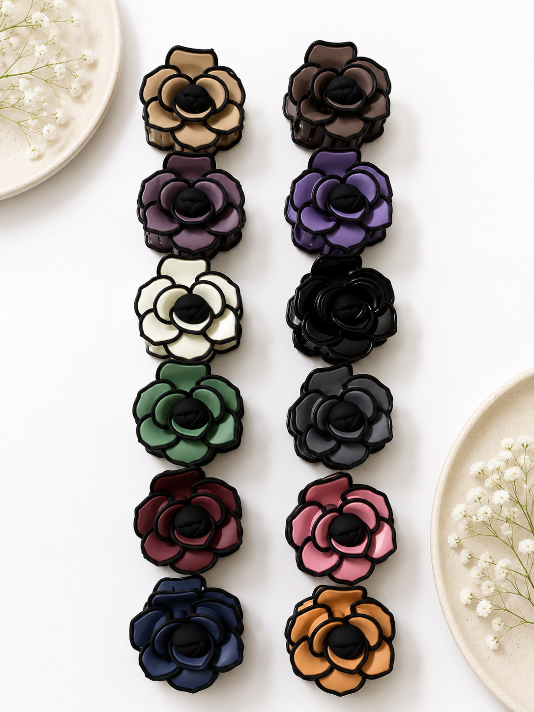 Matte Black-Framed Camellia Flower Hair Claw Clips