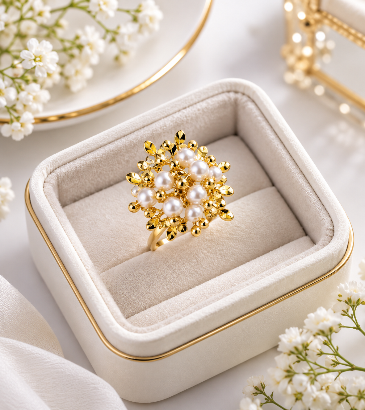 Gold Ring With Pearl Rhinestone
