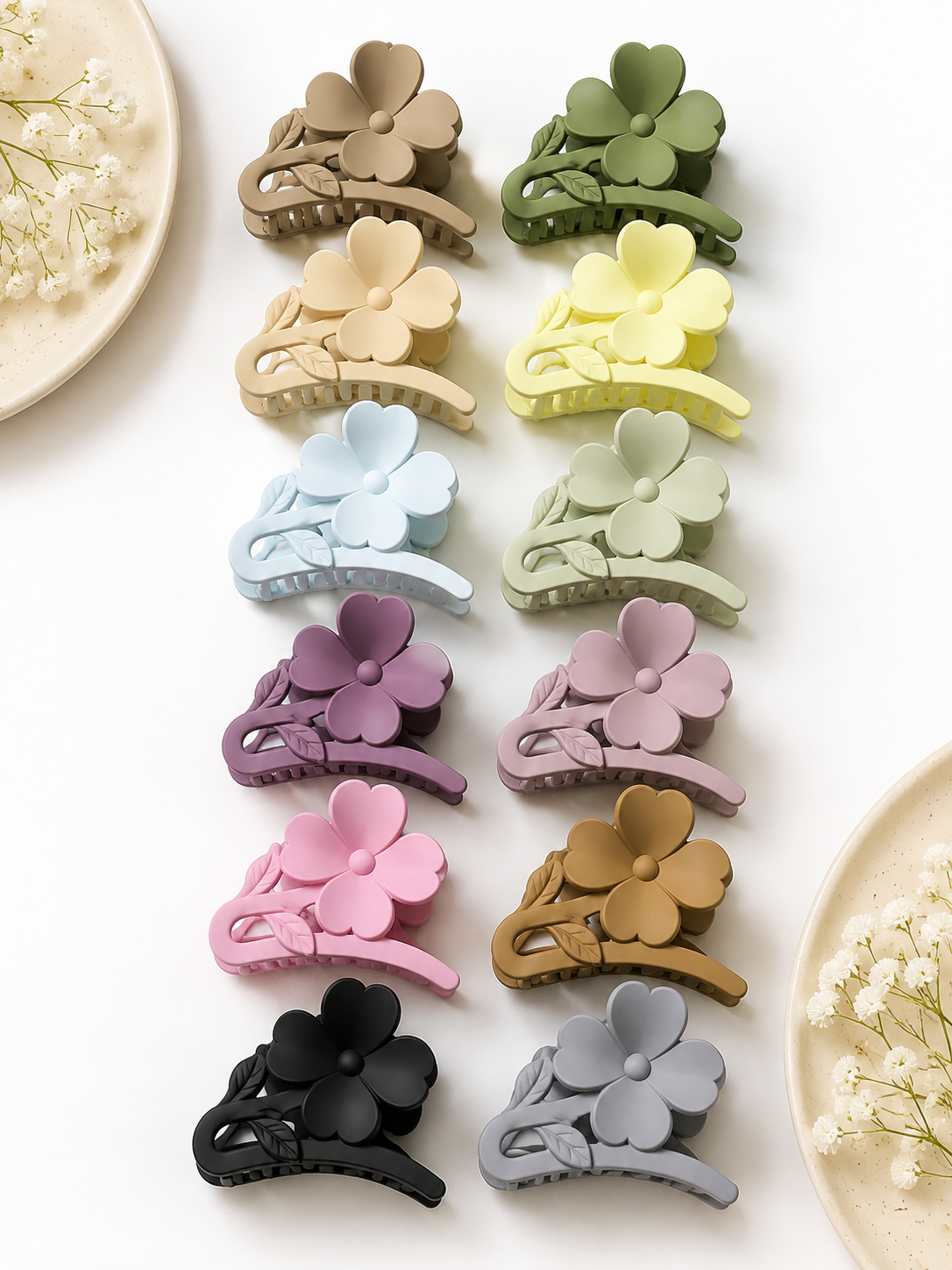 Matte Four-Petal Flower and Leaf Hair Claw Clips
