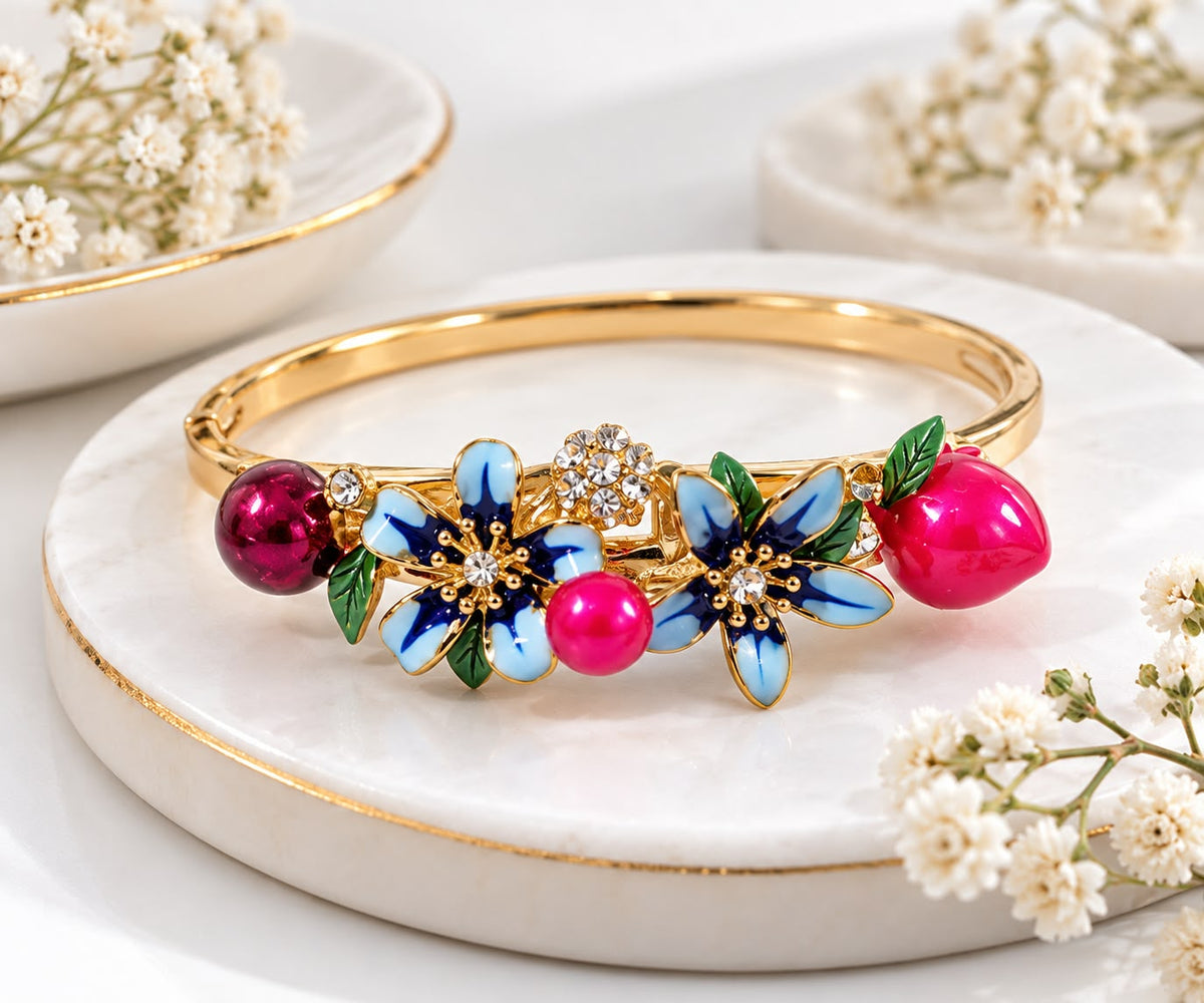 Gold Plated Winter Bouquet Enamel Bangle Bracelet