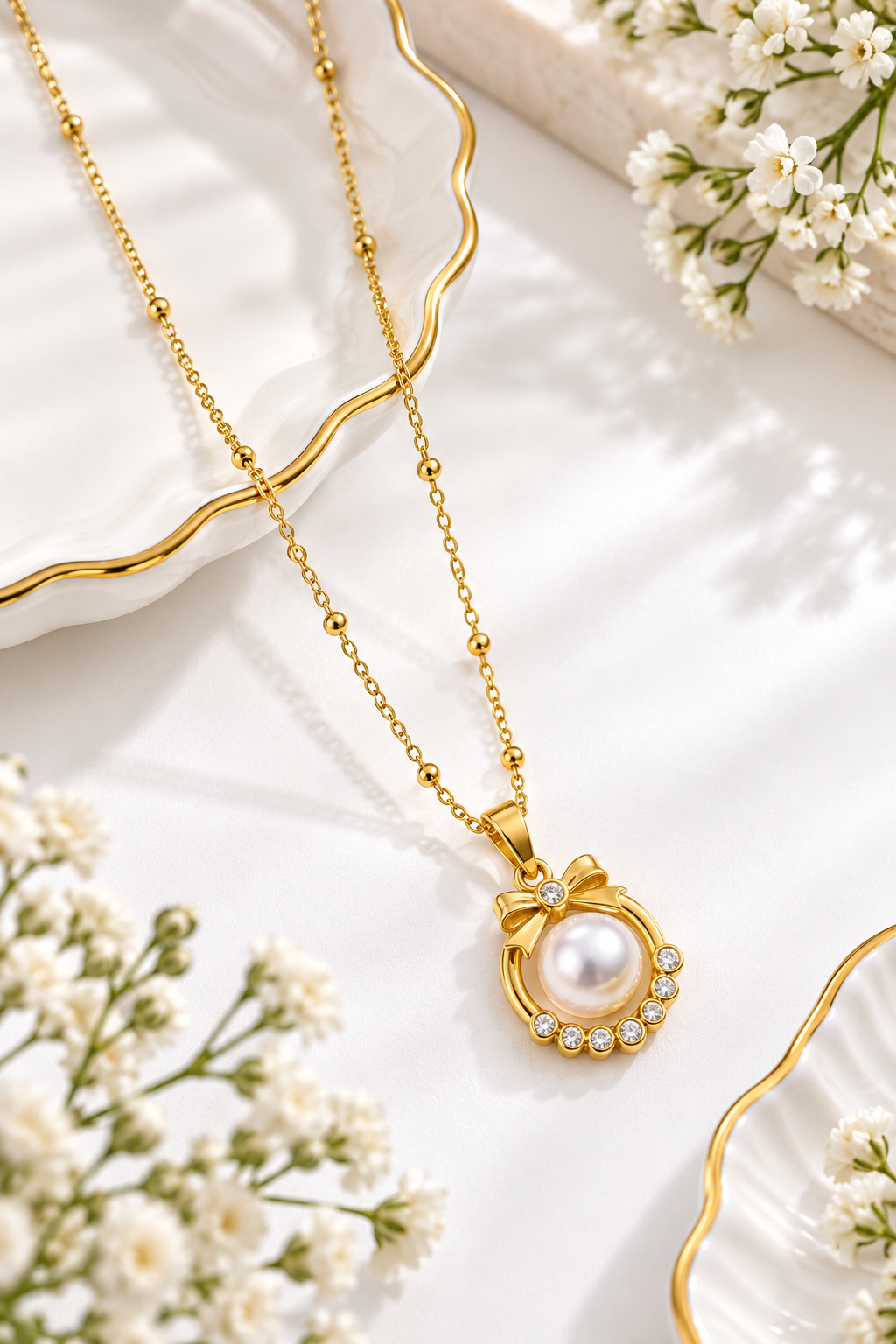 Anti-Tarnish Bow Pearl Pendant Necklace