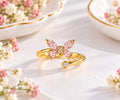 Gold-Plated Adjustable Pink Crystal Butterfly Ring