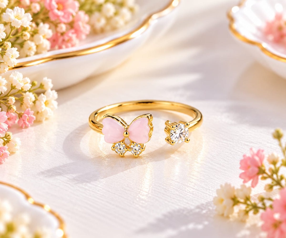 Gold-Plated Pink Butterfly & Side Crystal Adjustable Ring