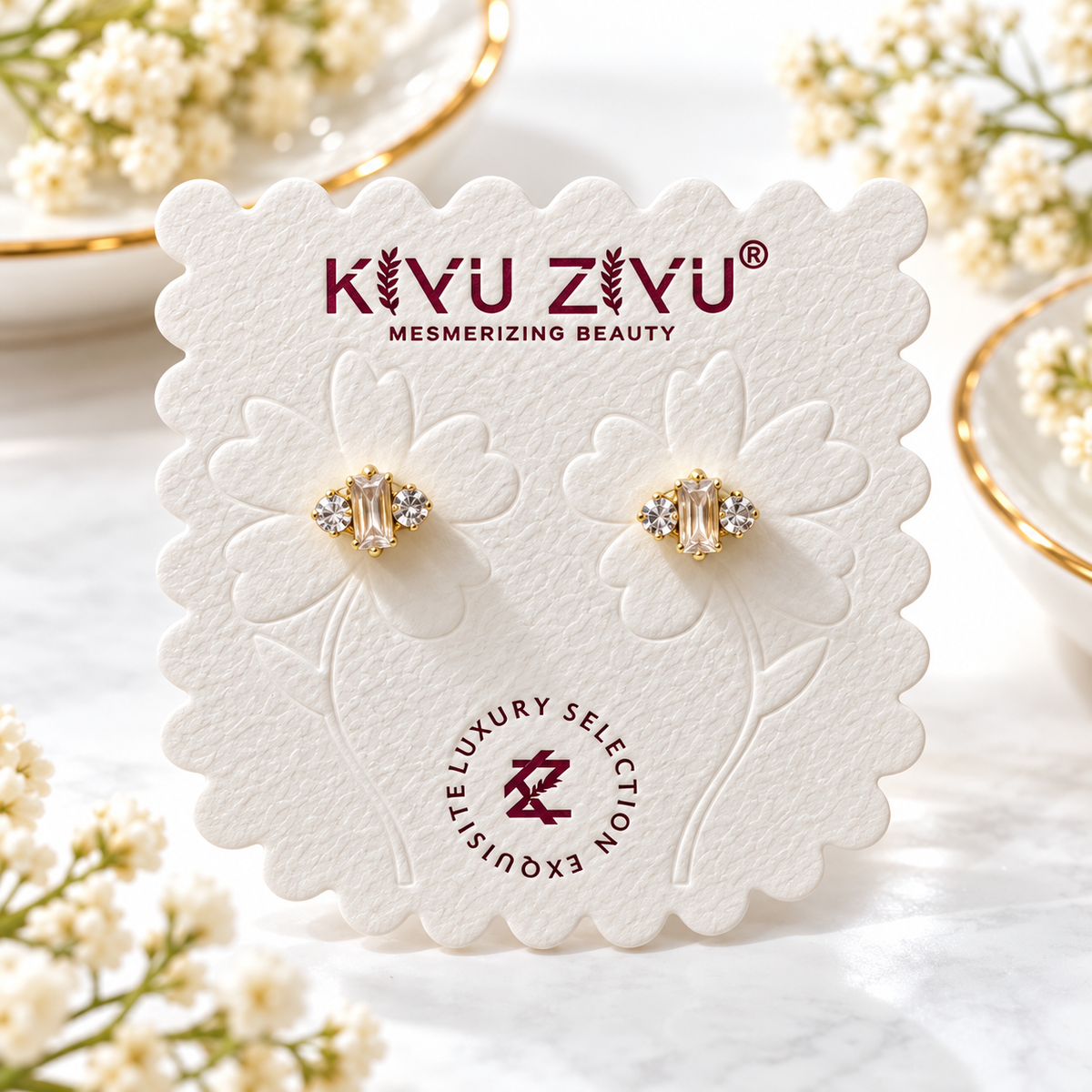 Gold-Plated Anti-Tarnish Baguette and Round Crystal Ball Back Earrings