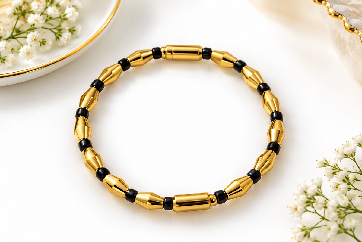 Gold-Plated Black Enamel Bamboo Joint Kada Bracelet