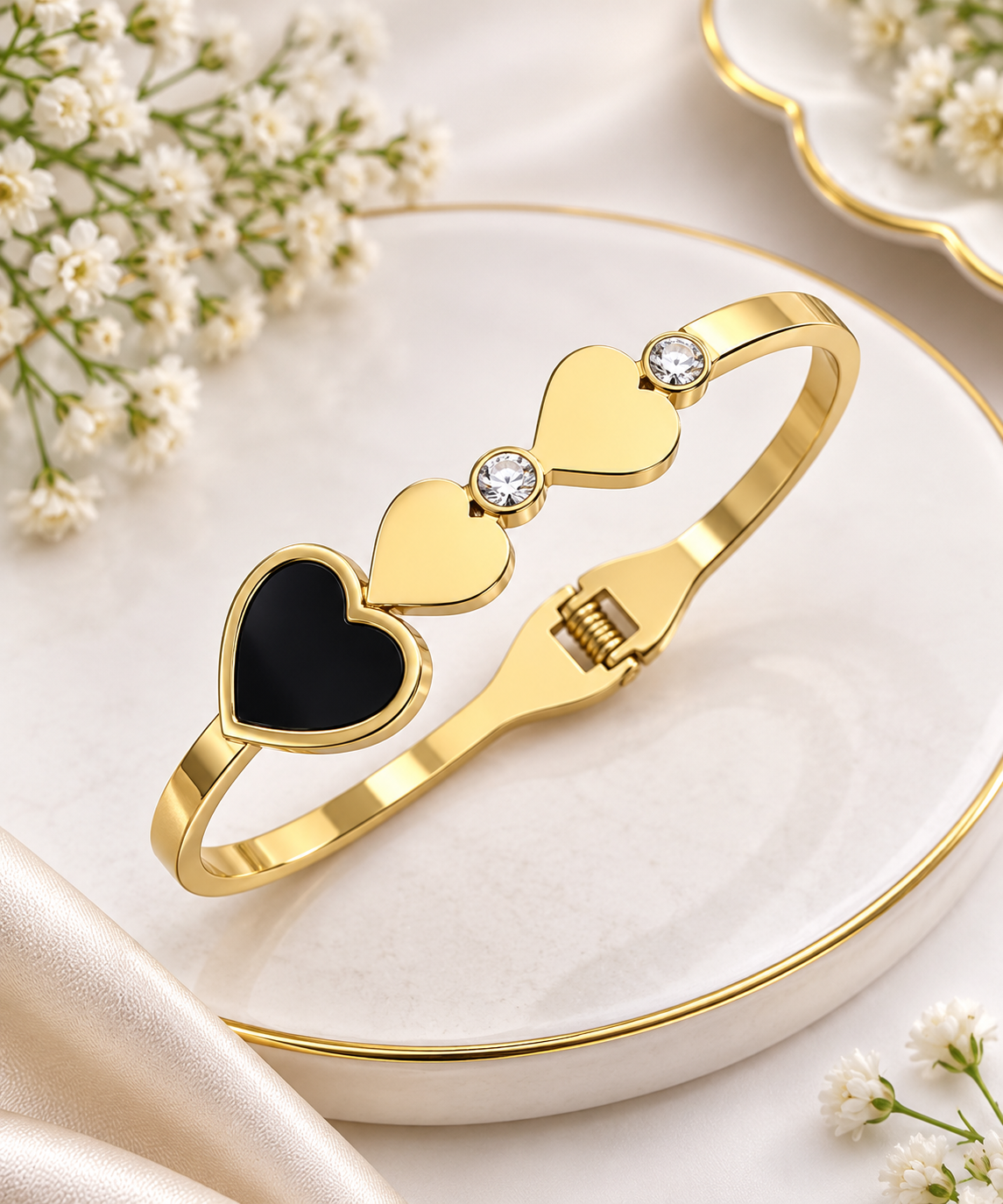 Triple Heart Crystal Enamel Anti-Tarnish Stainless Steel Bangle Bracelet