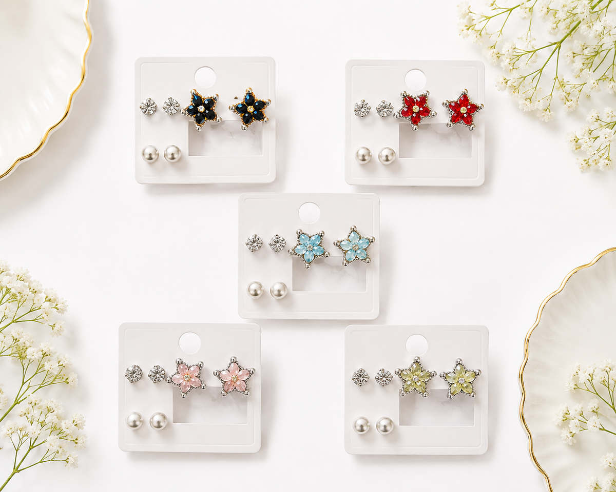 Korean-Style Multi-Pair Crystal Floral Stud Earring Sets