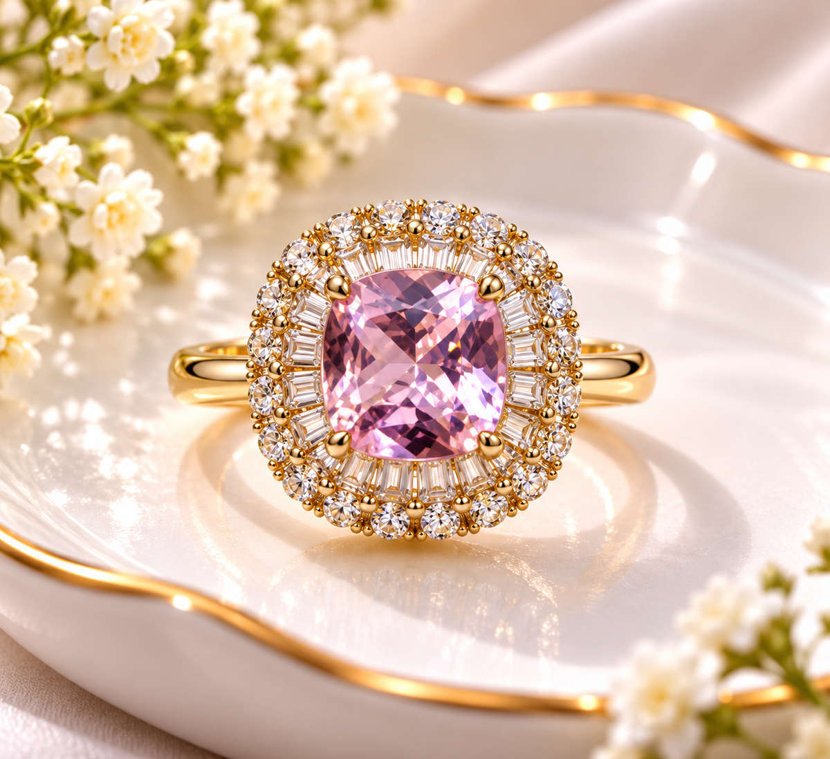Gold-Plated Marquise-Cut Pink Gemstone Adjustable Ring