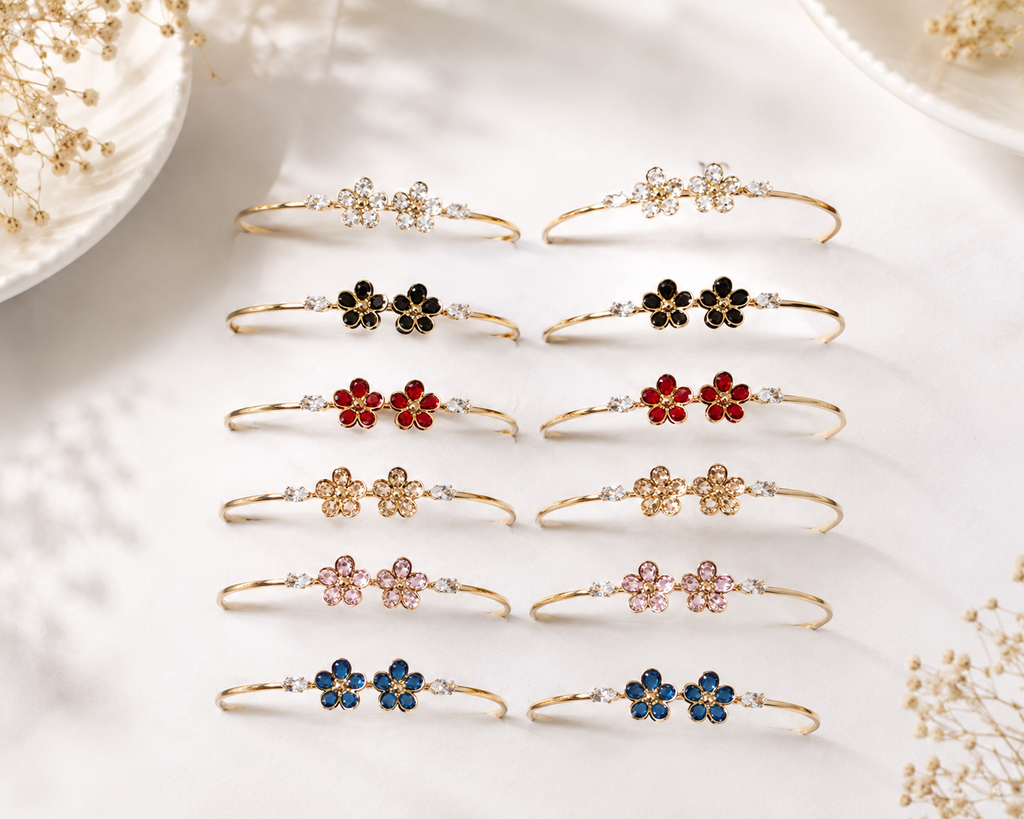 Floral Double-Flower Crystal Open Bracelet - Gold
