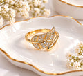Adjustable Open Cubic Zirconia Paved Gold Leaf Ring