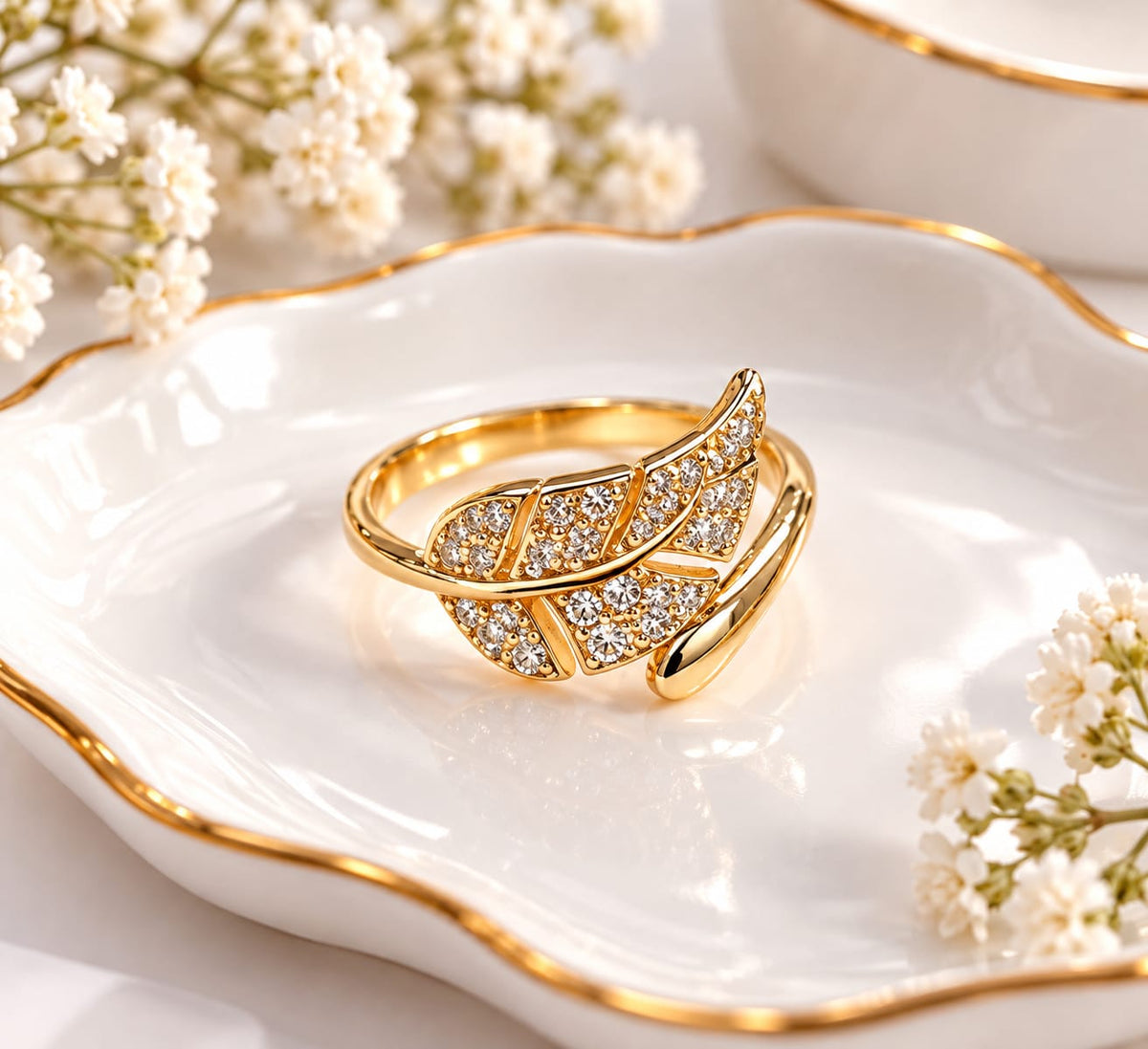 Adjustable Open Cubic Zirconia Paved Gold Leaf Ring