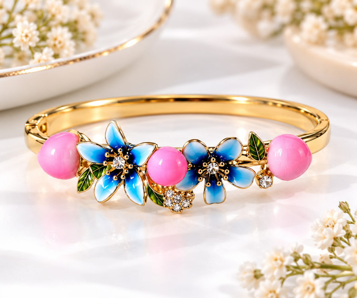 Gold Plated Floral Enamel Bangle Bracelet