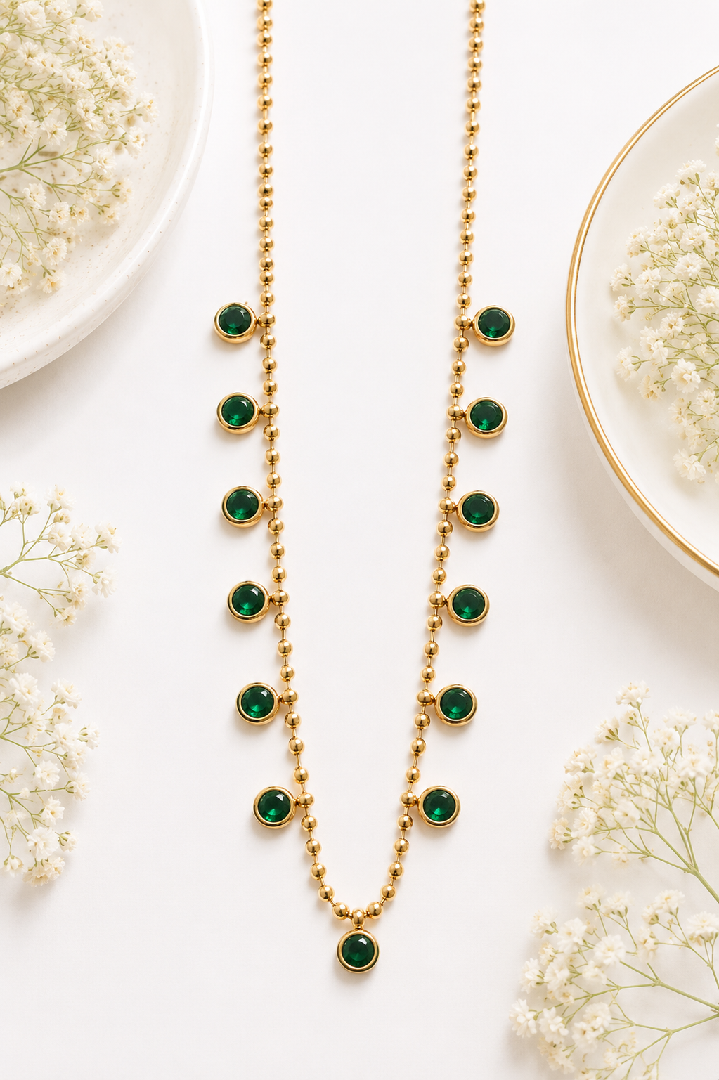 Anti-tarnish Gold Emerald Charm Ball Chain Station Necklace